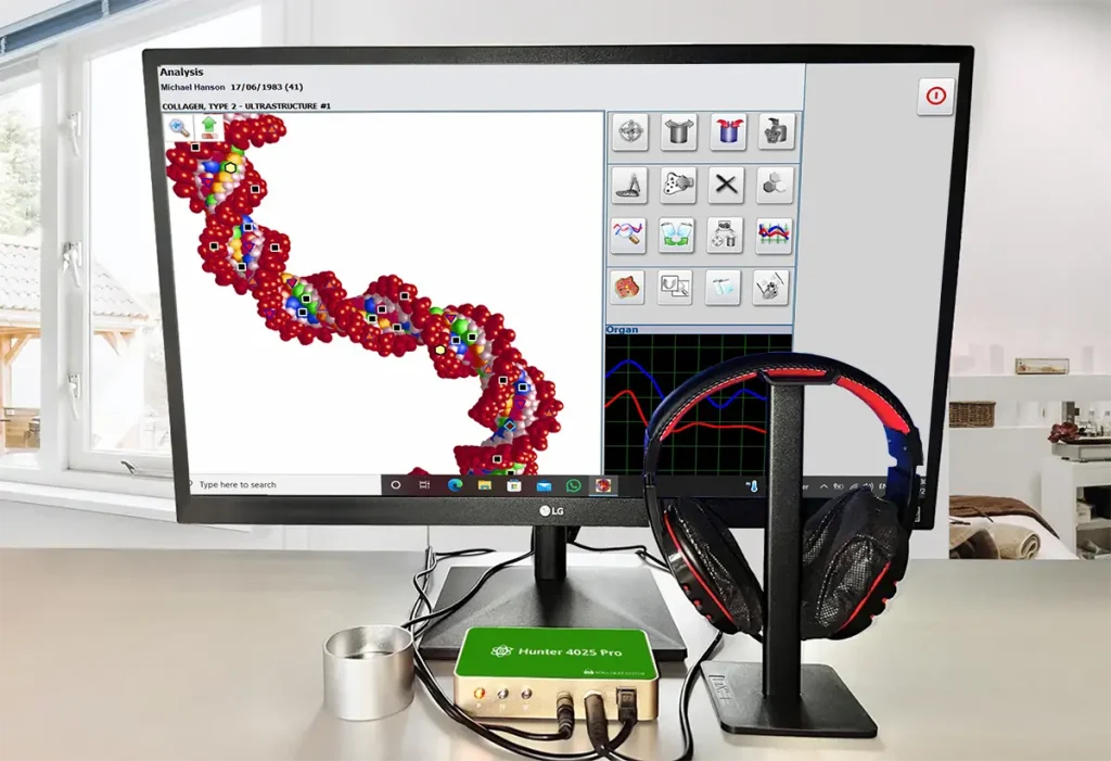 Metatron Hunter 4025 Verified desktop setup with GR Metapathia screen showing collagen type 2 ultrastructure.