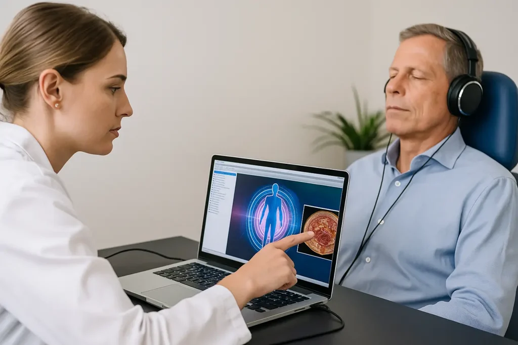 Patient in bioresonance therapy session with Metatron Hunter 4025 NLS scanner