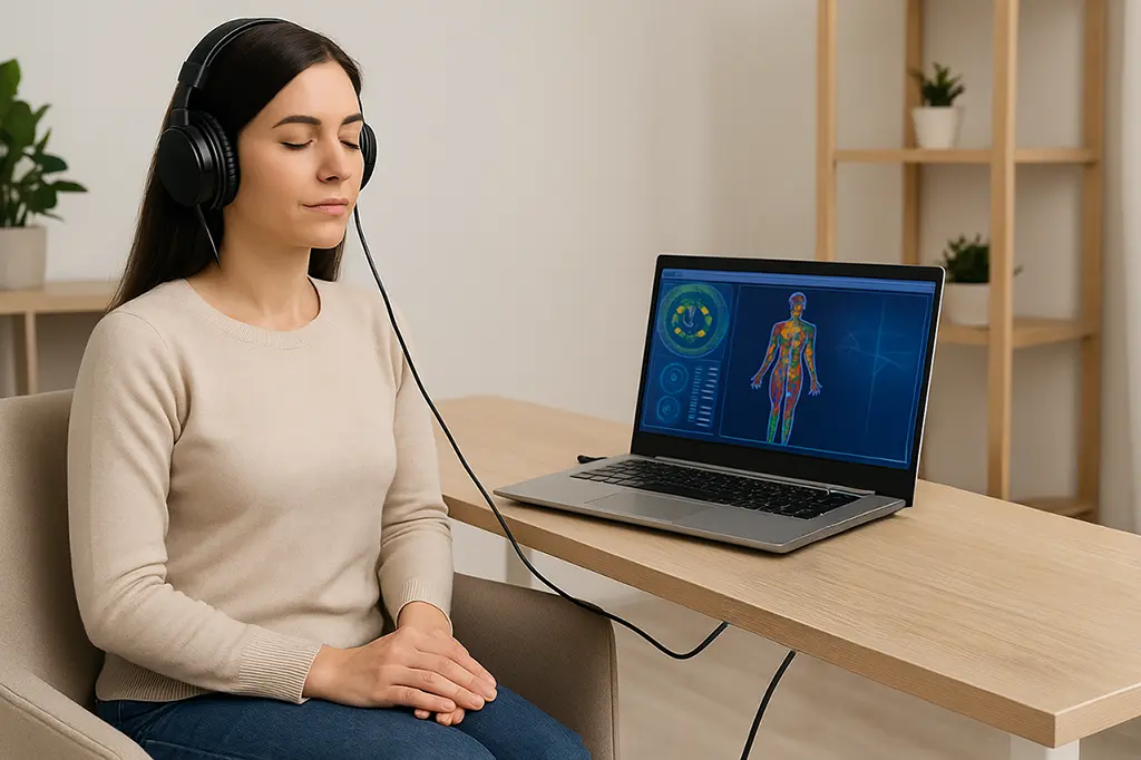 relaxed woman wearing bio-inductor headset for bioresonance therapy