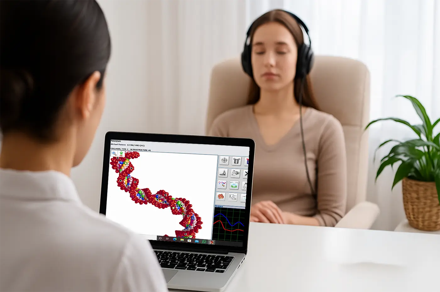 Practitioner viewing frequency analysis visuals on a laptop while a client sits calmly wearing non-invasive bioresonance headset