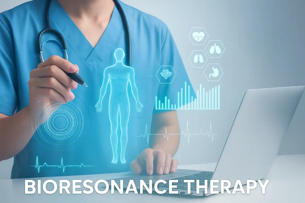 Medical professional using a laptop with digital anatomy graphics to illustrate bioresonance frequency analysis during a non-invasive wellness session