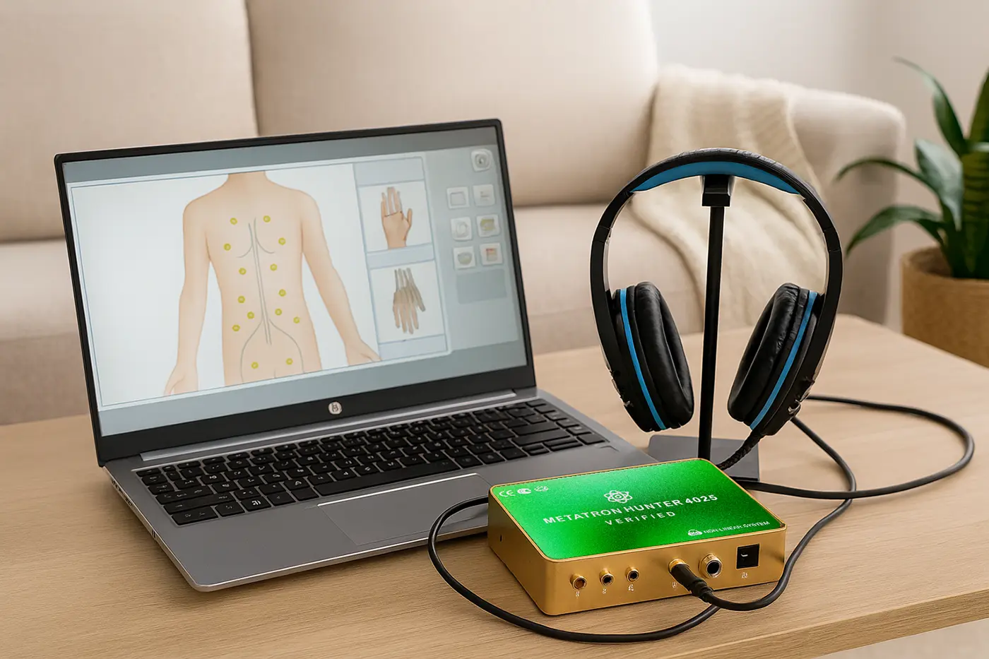 Home bioresonance therapy setup featuring a laptop with wellness software, non-invasive headphones, and a frequency analysis device on a coffee table