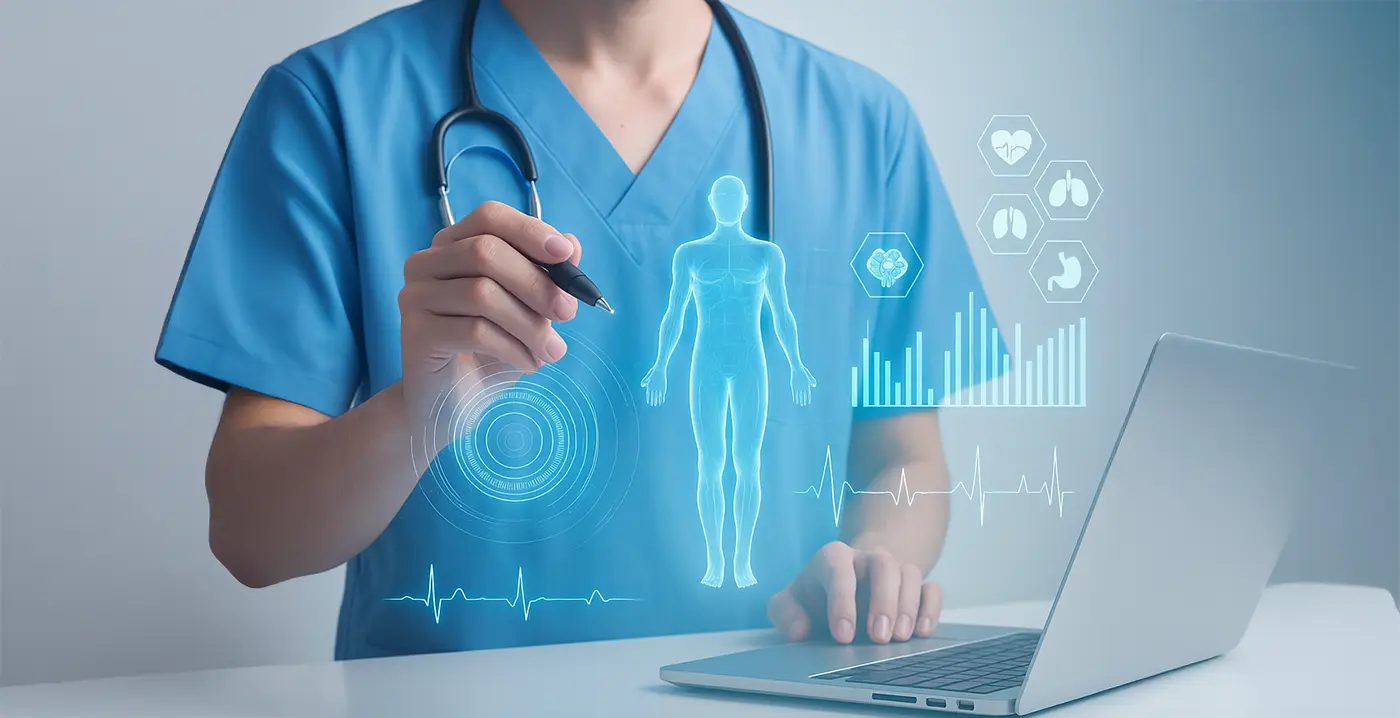 A bright, professional visual showing a practitioner reviewing digital anatomy and frequency graphics to demonstrate the concept of non-invasive bioresonance therapy