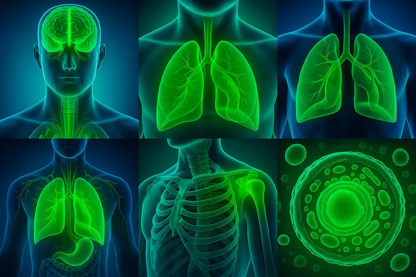 Collection of green anatomical illustrations showing the brain, lungs, digestive system, skeleton and cells used to visualise wellness-focused frequency analysis