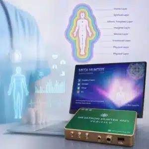 Metatron Hunter 4025 NLS Verified device with screen showing Chakras Version software and aura body layers diagram labelling eight layers from Physical to Divine