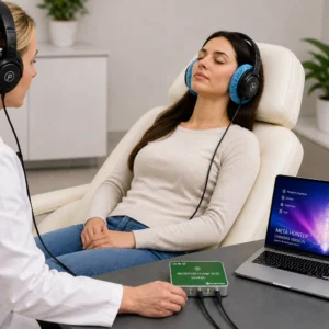 Wellness practitioner using Metatron Hunter 4025 NLS Verified Chakra version during a bioresonance session with a client in a professional clinic setting