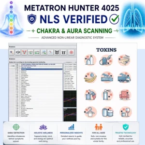 Metatron Hunter 4025 NLS Verified Chakra and Aura version showing Metapathia GR Hunter Etalons software panel with toxin analysis list and chakra figure
