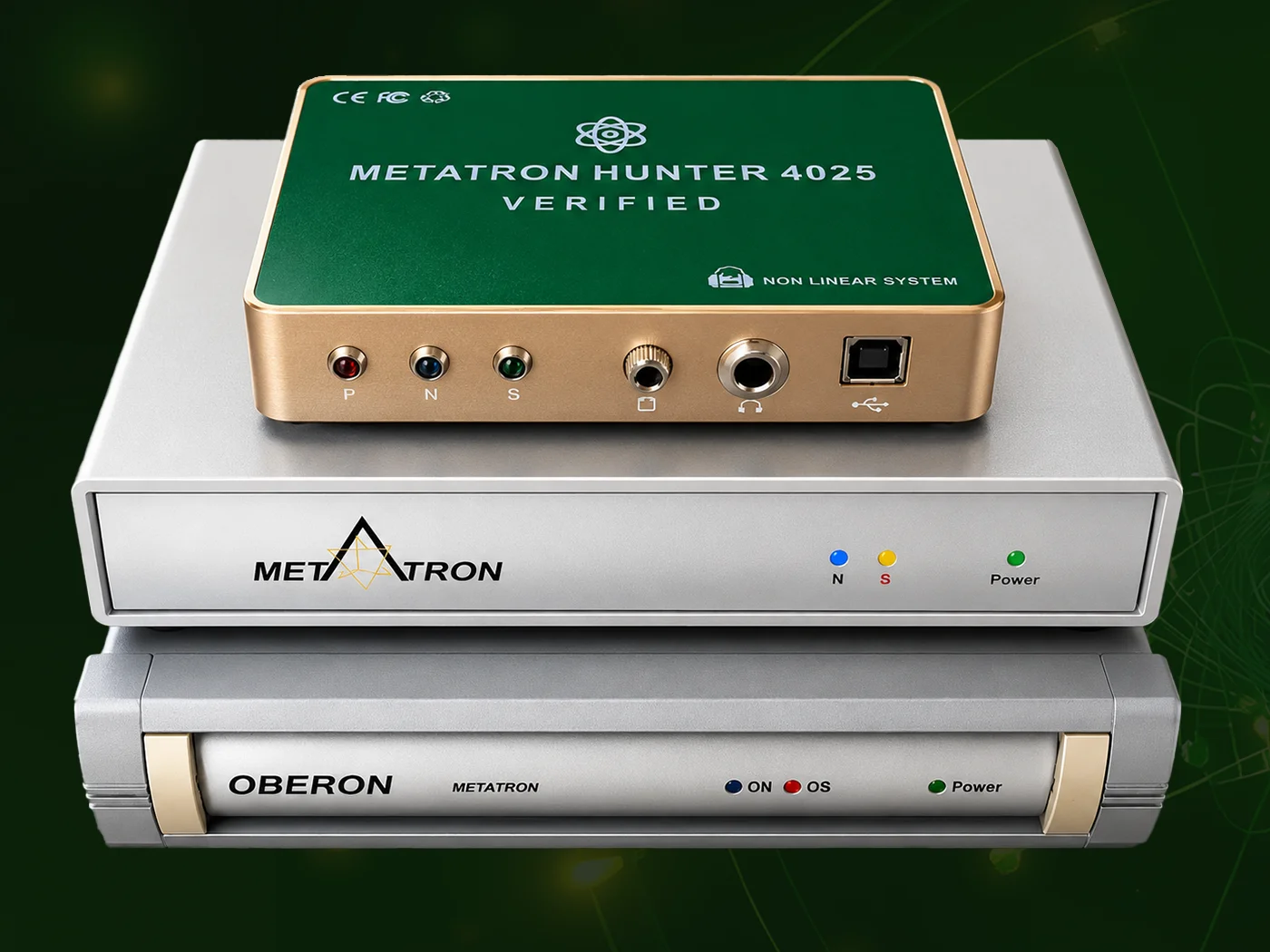 Illustration comparing the Metatron Hunter 4025 NLS Verified and Oberon wellness analysis systems for educational purposes, showing similarities in hardware design and professional wellness analysis technology.