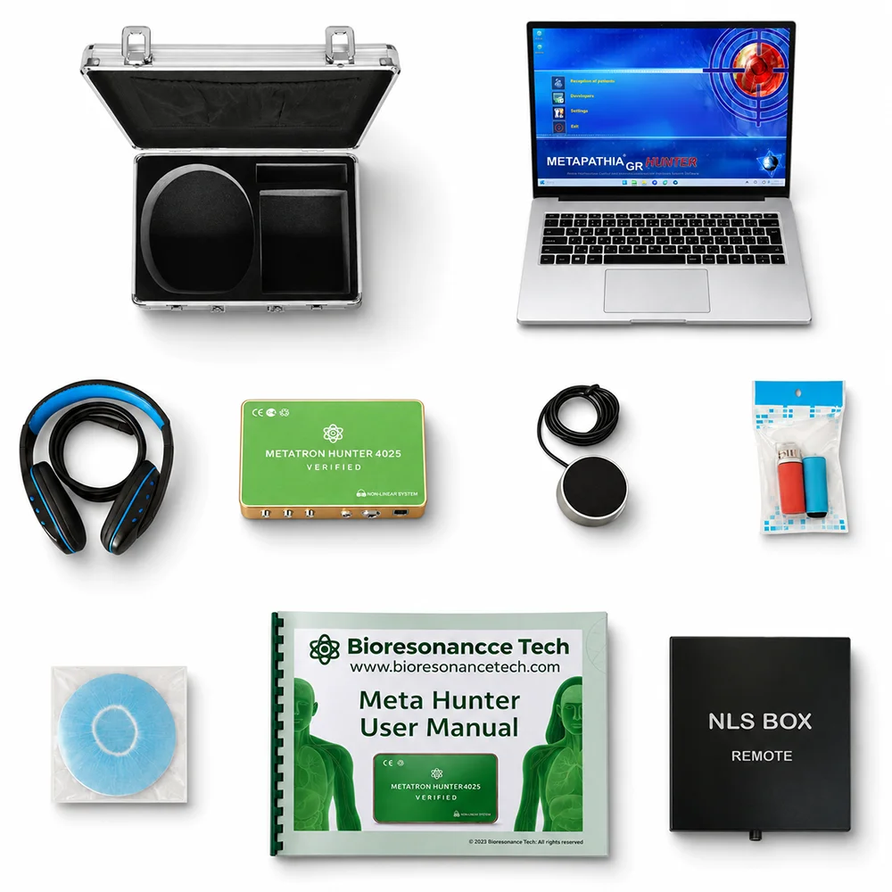 Complete Metatron Hunter 4025 NLS Verified package including laptop, Metapathia GR software, control unit, headphones, accessories, user manual, carrying case and Black Box Remote module.