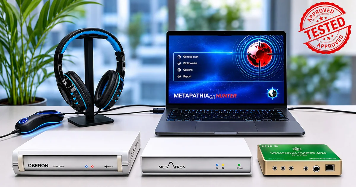 Professional Metatron Hunter 4025 NLS Verified system setup showing laptop displaying Metapathia GR Hunter bioresonance software interface with blue scanning visualization, alongside professional headphones, mouse, and three hardware units: Oberon, Metatron, and Metatron Hunter 4025 Verified with green case and approved tested badge in modern chiropractic workspace