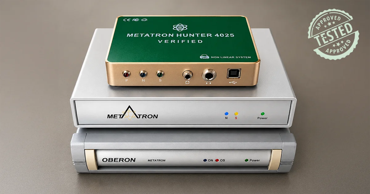 Metatron Hunter 4025 Verified bioresonance system shown stacked with Metatron and original Oberon Metatron units, displaying green-faced verified device with CE/FCC certification marks and tested-approved badge in side-by-side comparison