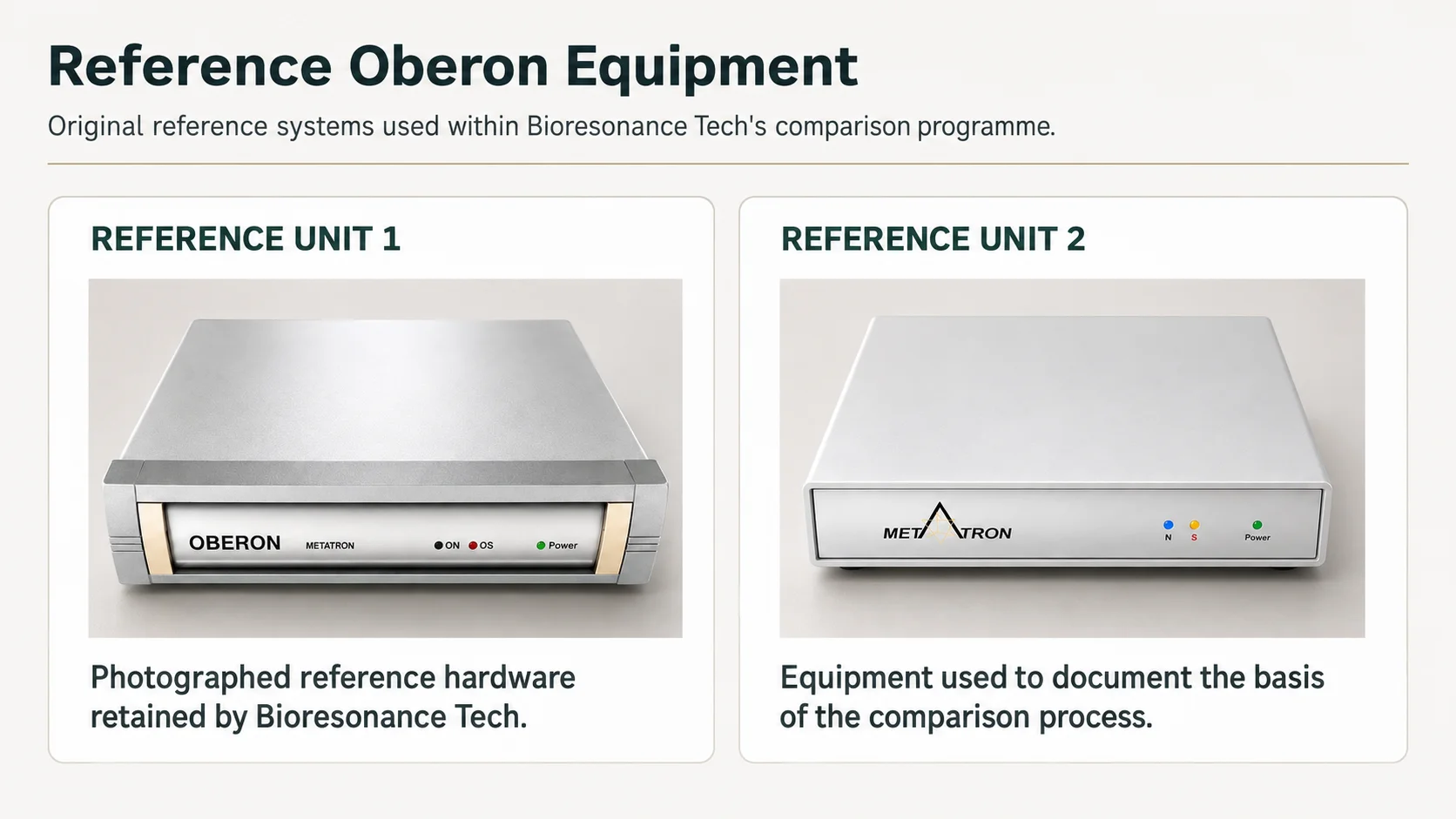 Original Oberon Metatron reference equipment retained by Bioresonance Tech for technical signal-output comparison.