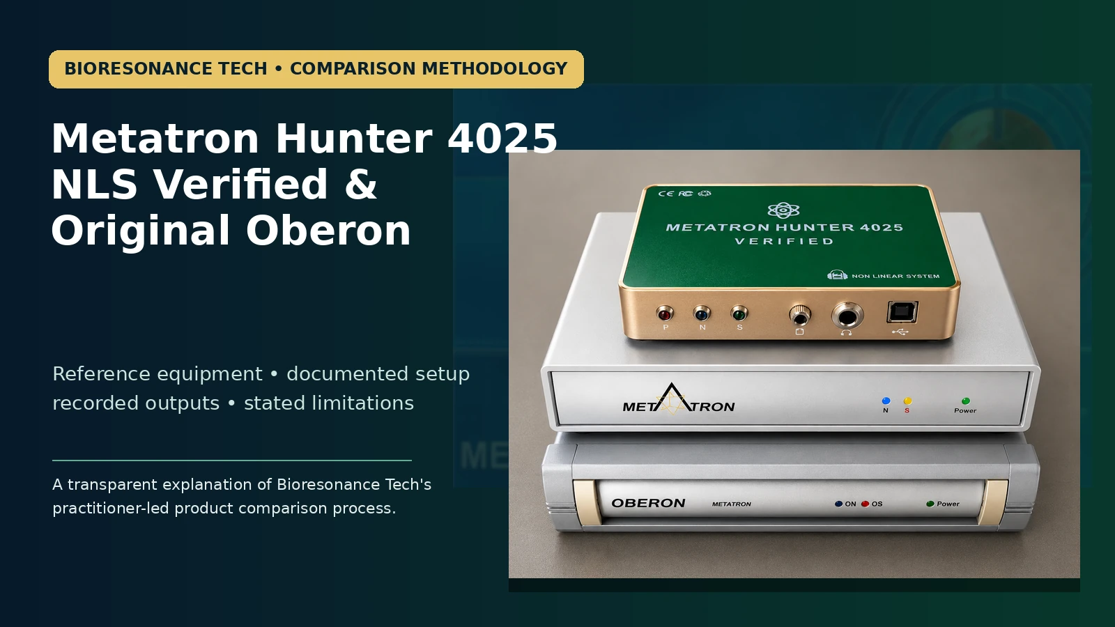 Green-face Metatron Hunter 4025 NLS Verified displayed with original Oberon reference equipment used by Bioresonance Tech for signal-output comparison.